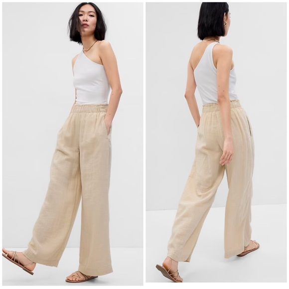 GAP Pants - Gap Crinkle Gauze Wide Leg Pants 100% Cotton Small Tan Lightweight Lagenlook